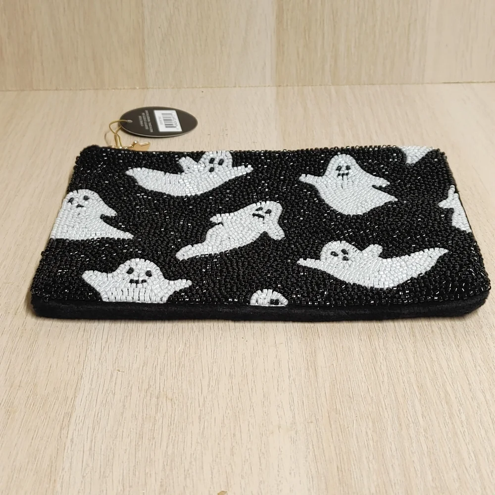 Beaded Ghosts Halloween Pouch Clutch Black 6